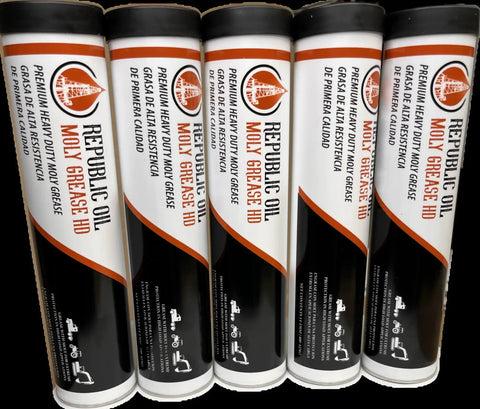 Five tubes of Three Percent Moly Lithium Complex No 2 High Temp Heavy Duty Grease for Construction and Mining, water resistant ISO 460.