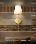Modern Wireless Wall Sconces Set Of Two Rocking Stick On Screw Mount Rechargeable Leds Remote Dimmable Adjustable Warmth And Brightness Slick Gold Finish No Hassle Setup Game Changer For Living Room Accent Lighting mounted on various wall surfaces.