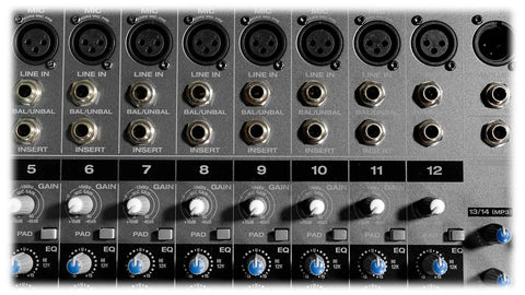 Close-up of channel inputs and controls on 6000W Peak 14-Channel Powered Mixer With USB Bluetooth, 24-Bit Effects, 14 XDR2 Mic Preamps.