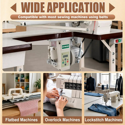 Powerhouse Servo Motor for Sewing Machines With Controller and Foot Pedal, visible on three machine types