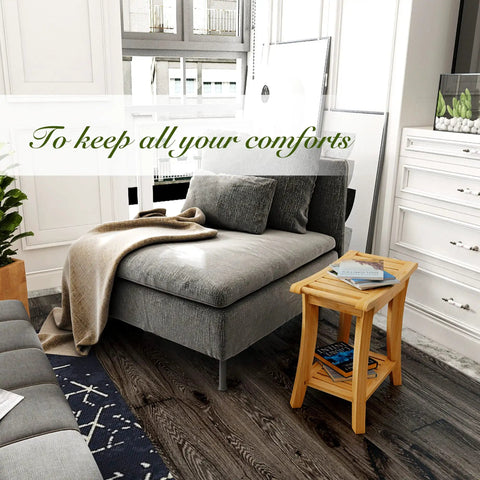 Bamboo Shower Bench With Storage Shelf For Indoor And Outdoor Use Sturdy Wooden Spa Bath Organizer Stool next to a sofa.