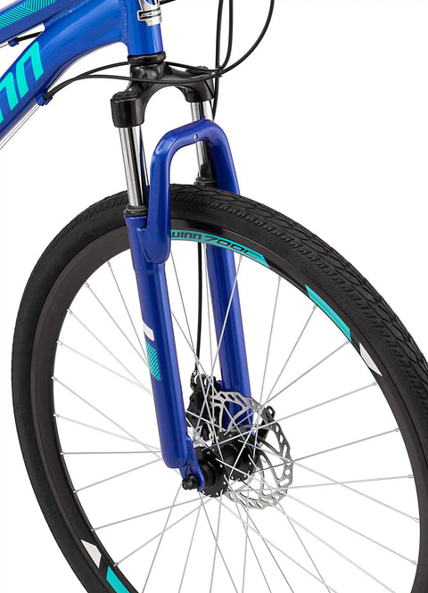 Front wheel of GTX 2 Hybrid Bike For Men And Women With 700C Wheels 21 Speed Gearing Aluminum Dual Sport Frame Suspension Fork