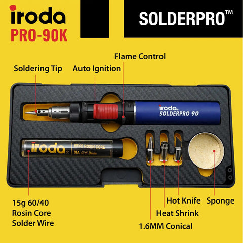 SolderPro 90K Professional Butane Soldering Iron Kit with accessories in black case, includes tips and rosin core solder wire.