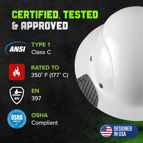 Close-up of a fiber reinforced resin full brim safety helmet showcasing certifications and temperature rating specs.