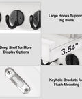 Solid Paulownia Wood Wall Mounted Key And Mail Holder Shelf With Heavy Duty Hooks For Coats Bags And Keys showing large hooks and deep shelf details.