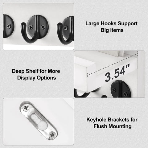 Solid Paulownia Wood Wall Mounted Key And Mail Holder Shelf With Heavy Duty Hooks For Coats Bags And Keys showing large hooks and deep shelf details.