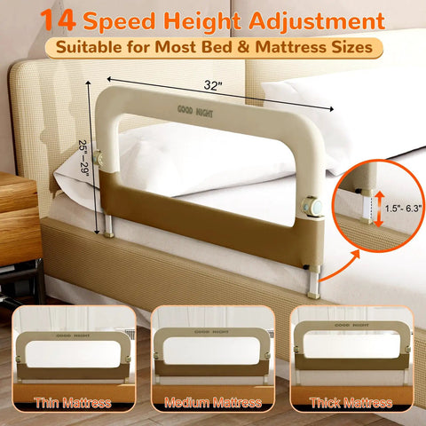 32 Inch Adjustable Folding Bed Rail Guard For Toddlers And Babies, U shaped frame on bed showing height adjustment