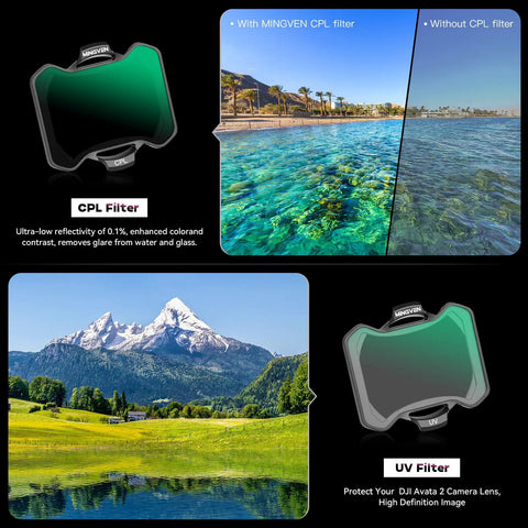 Comparison of images with and without CPL filter from Avata 2 Drone ND Filter Set 6 Pack UV CPL ND8 ND16 ND32 ND64.