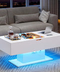 44 Inch LED Coffee Table With 3 Drawers, LED Lights, USB Charging Station, White modern console in living room setup with open compartment