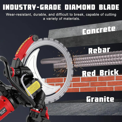 Big 16 Inch Electric Concrete Saw With 3200W Motor, Heavy Duty Circular Cutter cutting through rebar and bricks with diamond blade.