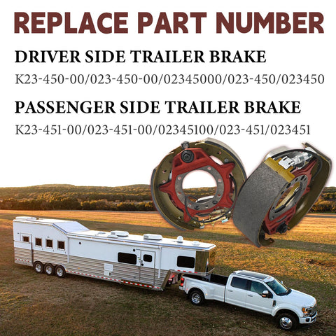 Electric trailer brake assemblies, front view; 12-1/4 x 3-3/8 in, red backing plates, gray friction pads; pair for Dexter 9k–10k lb axles.