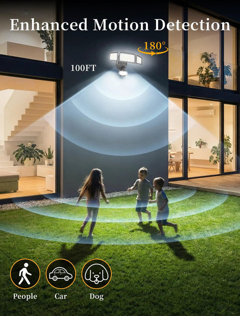 Hella Bright 100W Led Flood Light With Killer Motion Sensor Dusk To Dawn 11000 Lumens Triple Head Adjustable Outdoor Security Fixture IP66 Waterproof Remote Controlled For Yard Garage Patio