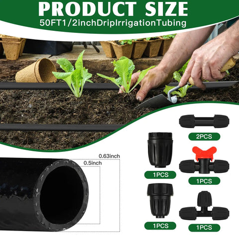 Gardener installing Fifty Foot Half Inch Drip Irrigation Tubing Kit With Switch Valves Tees Couplings in vegetable bed.
