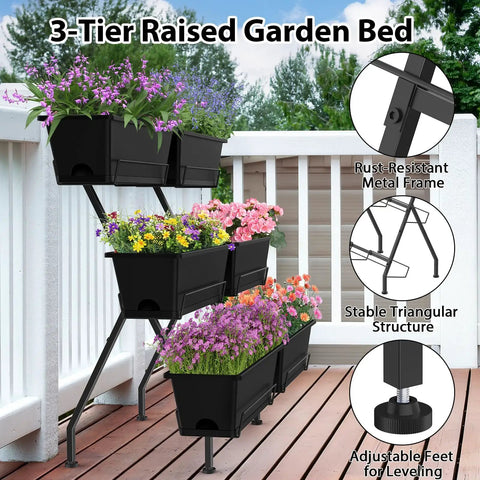 Three Tier Vertical Garden Planter With Six Boxes, 31 Inch Tall Raised Garden Bed on patio with flowers, black metal