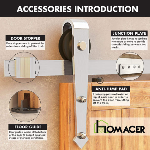 Beefy Brushed Nickel Non-Bypass Sliding Barn Door Hardware Kit with accessories including door stopper and floor guide.