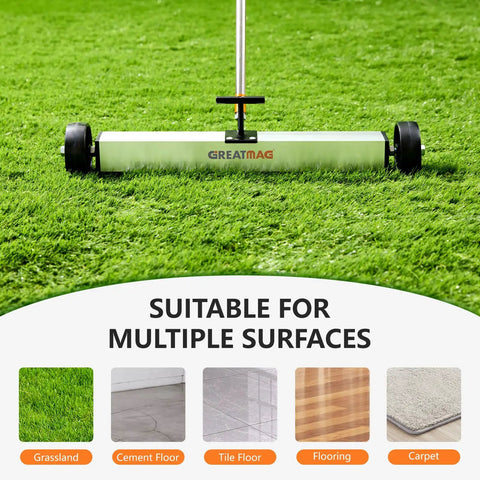 Rolling Magnetic Sweeper With Wheels 17 Inch Heavy Duty Magnetic Pickup Tool For Nails Screws And Ferrous Debris, Grabs Metal Fast For Yard And Lawn Cleanup With Quick Release Basket