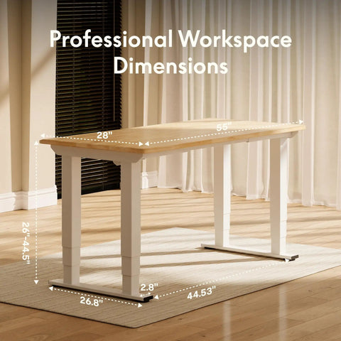 Premium Four Leg Height Adjustable Standing Desk With Natural Maple Surface And Rock Solid Anti Wobble Engineering For No Stress Home Office And Multi Monitor Setups dimensions showing height and width measurements.