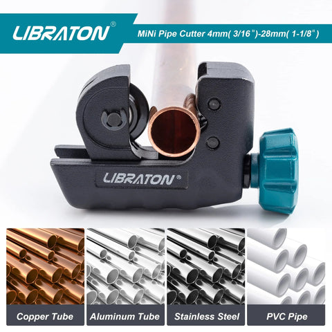 Libraton mini tubing cutter front view clamping copper pipe; 3/16-1-1/8 in range, teal knob