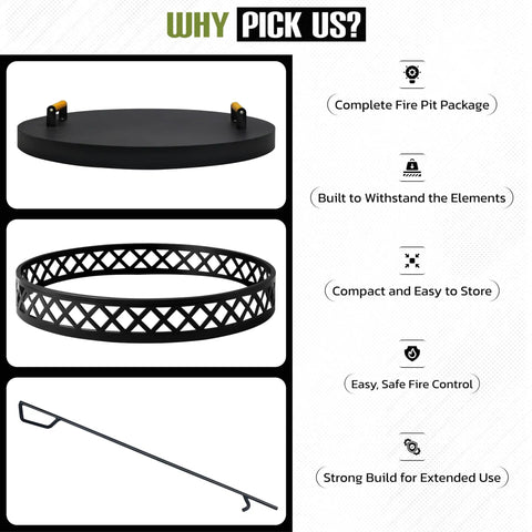 Smokeless Fire Pit Accessories Kit with carbon steel base, fire poker, and lid for camping, patio, and backyard use.