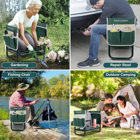 2 In 1 Garden Kneeler And Seat Foldable Bench With Ten Point Two Three Inch Wide Kneeling Pad Heavy Duty Gardening Stool With Dual Tool Pouches Ergonomic Kneeler For Seniors Moms And Men Who Love To Garden in use for gardening, car repair, fishing, and camping