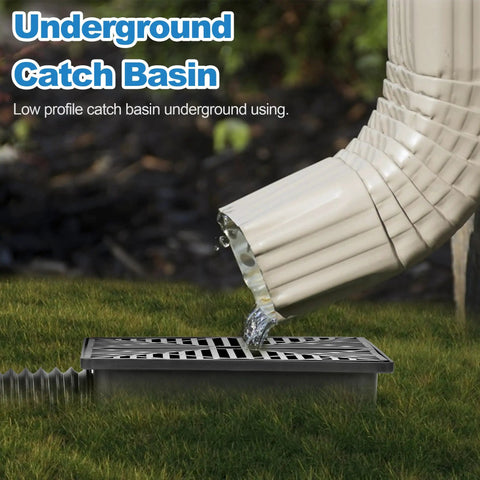 2.5 Inch Gutter Downspout Extension Kit installed with water flowing into a catch basin for foundation protection, outdoor yard and lawn.