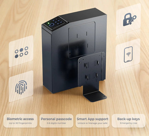 Grab That Biometric Slider Safe With Four Fast Unlocks, wall mountable vault showcasing keypad and biometric access features.