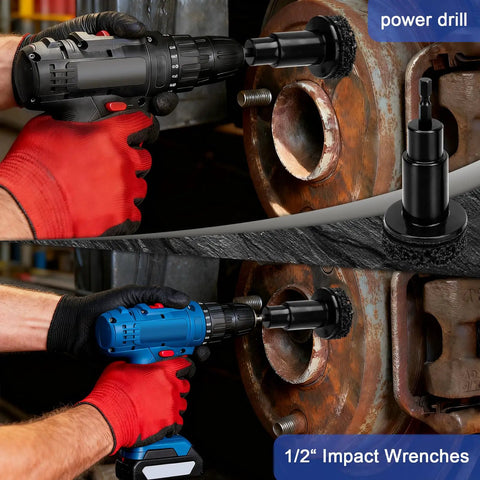 Wheel Hub Cleaning Kit with 15 Cleaning Pads, Holder and Adapter for Power Drill or Half Inch Impact Wrenches in use