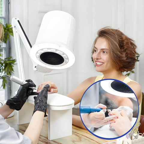 Game Changing Nail Dust Extractor With Bright Dimmable Led Lamp and Tunable Suction Power showcasing use in a beauty setting.
