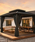 10x12 Hardtop Gazebo With Flame Retardant Curtain Netting Heavy Duty Pavilion With Galvanized Steel Double Roof And Aluminum Frame Outdoor Canopy For Patio Parties Backyards Weather Resistant 2025 Upgraded, shown installed on patio with outdoor seating.