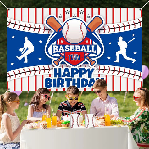Children enjoying a baseball-themed birthday party with decorations and snacks, featuring Baseball Theme Party Favor Bags With Handle, 12 Pack Kraft Paper Goodie Bags For Game Day And Birthday Parties, Eco Friendly Ink, Durable Premium Quality, Perfect For Snacks And Small Treats.
