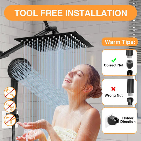 Woman under Matte Black High Flow Stainless Steel Shower System With 8 Inch Rainfall Showerhead as water flows