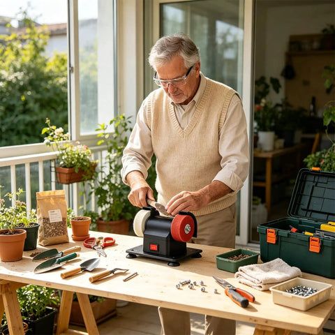 Compact Tabletop Mini Bench Grinder Featuring Dual Grinding Wheels For Precision Tool Sharpening And Rough Burr Removal with a senior man polishing a knife.