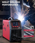 All In One 6 In 1 MIG Welder With Gas, Flux Core, Stick MMA, Lift TIG, Spot Weld, Spool Gun Ready Aluminum Multi Process Welder, 200Amp, LED Display, Burn Back Adjustment, 110V 220V in use with sparks visible.