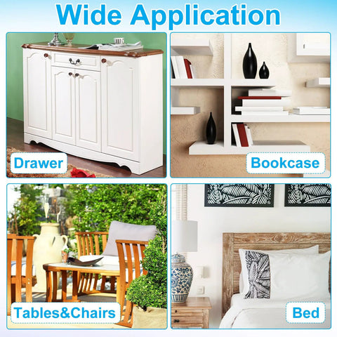 Rock Solid Figure 8 Table Top Fasteners With Screws, Hella Durable Heavy Duty Steel Desk Connectors For Furniture Assembly and DIY Crafting displayed with a drawer, bookcase, tables, and chairs.