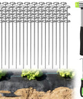 12 Inch Landscape Staples With Hook And Hammer Kit 60 Count Circle Top Garden Stakes For SOD And Edging 9 Gauge Galvanized Rust Resistant Pins Easy Install And Quick Removal Tools Included, showing stakes, hook, hammer, and garden fabric.
