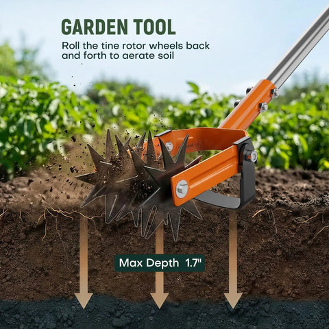 Close-up of 2 In 1 Rotary Garden Tiller And Weeder With Detachable Weed Knife 73 Inch Adjustable Stainless Handle in soil