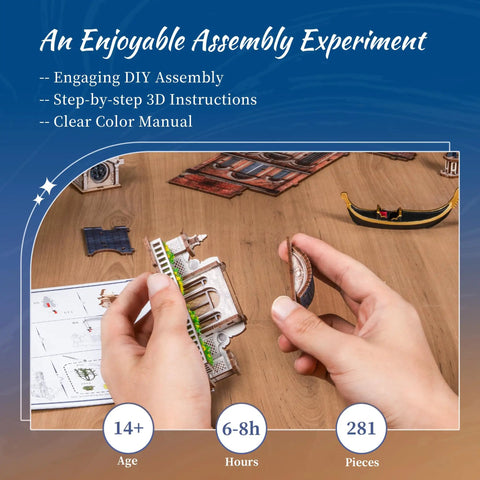Hands assembling the Lit Venice Night Starlit Book Nook Kit With LED 3D Wood Puzzle And Infinity Mirror.