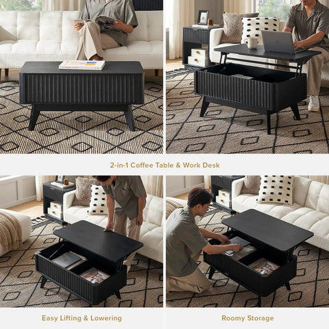 Top Shelf Modern Lift Top Coffee Table With Sleek Fluted Paneling And A Game Changing Pull Up Desktop Plus Hidden Storage Compartment In Durable Black Oak Finish