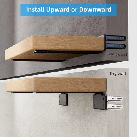 Six Inch Heavy Duty Shelf Brackets Set Of Six For Wood Shelves, 1/5 Inch Thick Black Metal L Brackets With Hidden Mount on walls.