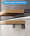 Beefy 12 Inch Floating Shelf Brackets 6 Pack Black Metal L Brackets for Wood Shelves One Fifth Inch Thick Heavy Duty Shelf Supports Up To 160 Lbs Each shown on concrete and drywall installations.