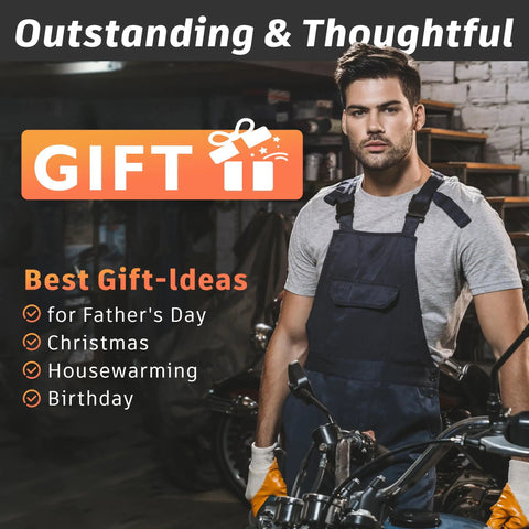 Man in workshop with motorcycle highlights gift ideas for occasions like Father's Day, Christmas, housewarming, and birthday.