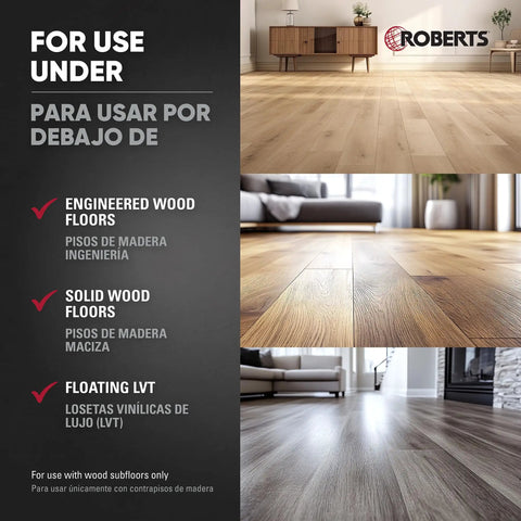 Pro Grade Moisture Barrier Underlayment For Solid And Engineered Wood Floors And LVP, 6 Mil visual showing floor compatibility