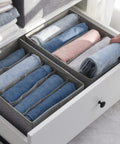 Clothes Closet Organizer 4 Pack Gray Stackable Jeans Pants Drawer Storage For T Shirts Sweaters And More in use in a drawer