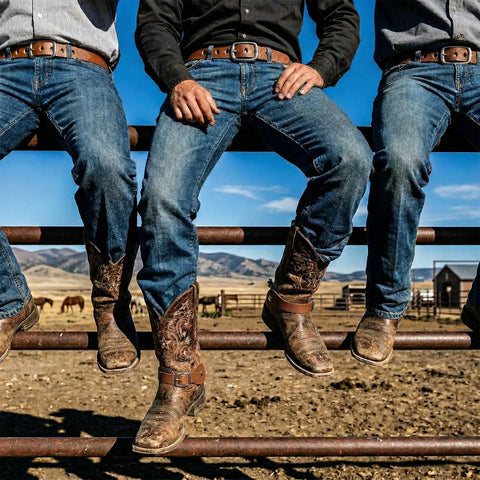Three cowboys sitting on a fence, wearing jeans with Two Piece Leather Spur Straps For Cowboy Boots, Adjustable Western Boot Straps