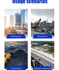 Collage of usage scenarios for Mini Wheel Backhoe Loader Towable Digger, including building site, mining, coal mining, highway construction