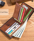 Open Ultra Slim RFID Wallet For Men Genuine Leather Bifold Front Pocket Card Holder displaying 11 card slots and cash
