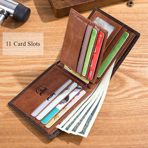 Open Ultra Slim RFID Wallet For Men Genuine Leather Bifold Front Pocket Card Holder displaying 11 card slots and cash