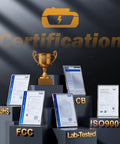Certification display featuring awards and documents for Heavy Duty 4 Pack 8.5Ah Replacement Battery Compatible With Dewalt 20V Max Power Tools.