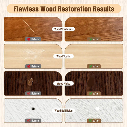 Flawless wood restoration results showing before and after images of scratches, scuffs, nicks, and nail holes using 9 Color Wood Filler Sticks And Repair Crayons For Furniture And Floors No Sweat Go To Scratch Fix Kit With Scrapers Straight Up Solid Wooden Surface Touch Up And Restoration Set For Home Use.