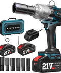 Heavy Hauler Cordless Impact Wrench Dropping 1300 Nm Of Boss Level Torque 1/2 Inch Drive Electric Tool Ships With Twin 5 Ah Packs Snappy Charger And Five Tough Sockets For Big Rig And Rv Jobs, including battery packs and five driver sockets.